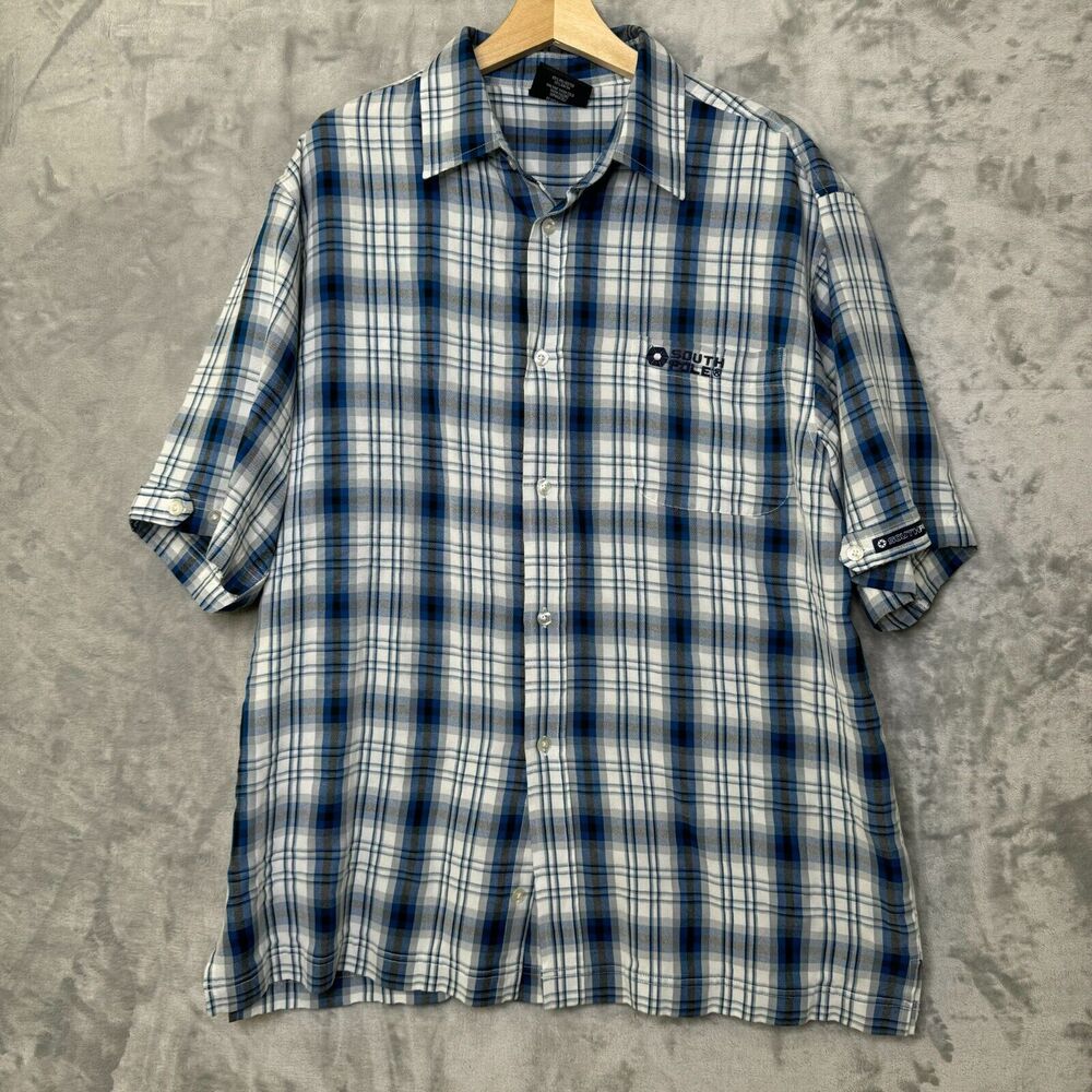 South Pole Shirt Mens Large Blue Black Plaid Button Down Short Sleeve Logo